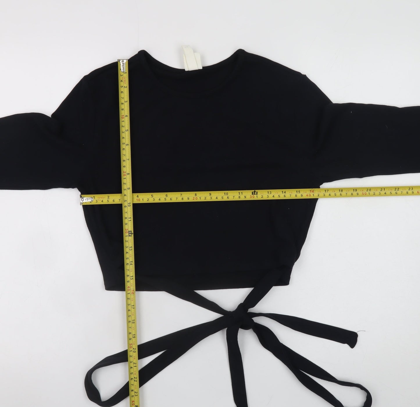 H&M Women’s Black Cropped Tie Waist Long Sleeve Jersey Top Size 12