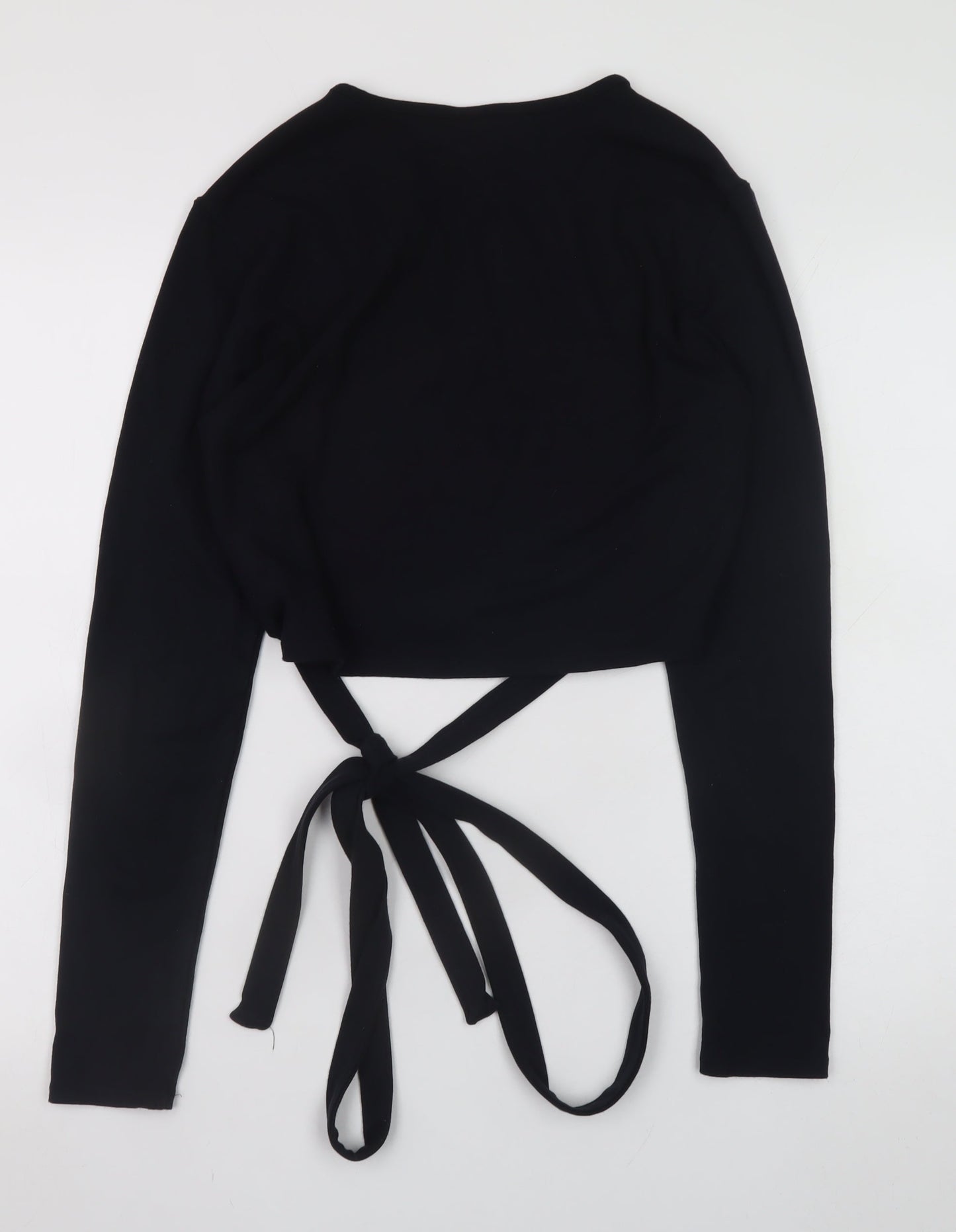 H&M Women’s Black Cropped Tie Waist Long Sleeve Jersey Top Size 12