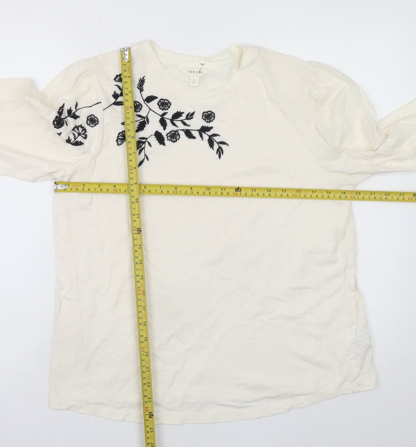 Marks and Spencer Per Una Ivory Embroidered Long Sleeve Cotton Top Size 14