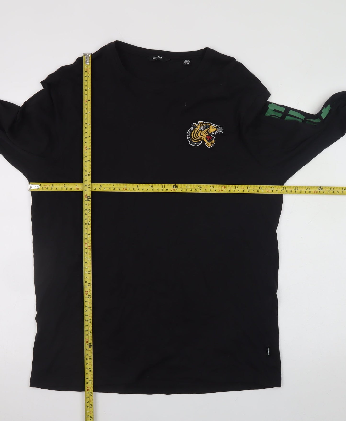 ONLY & SONS Men's Black XL Long Sleeve Tiger Graphic T-Shirt