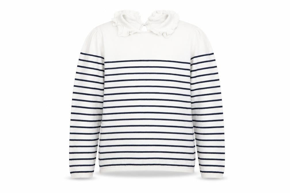 Tape à L’Oeil Girls Ivory Navy Striped Cotton Ruffle Neck Pullover Jumper 10 Years