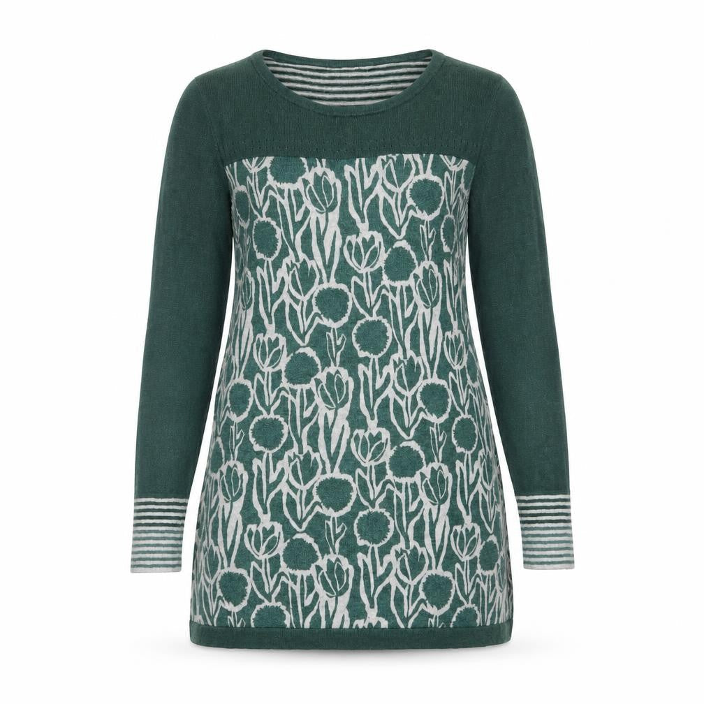 White Stuff Womens Green Floral Knit Tunic Jumper UK 8 Cotton Wool Blend