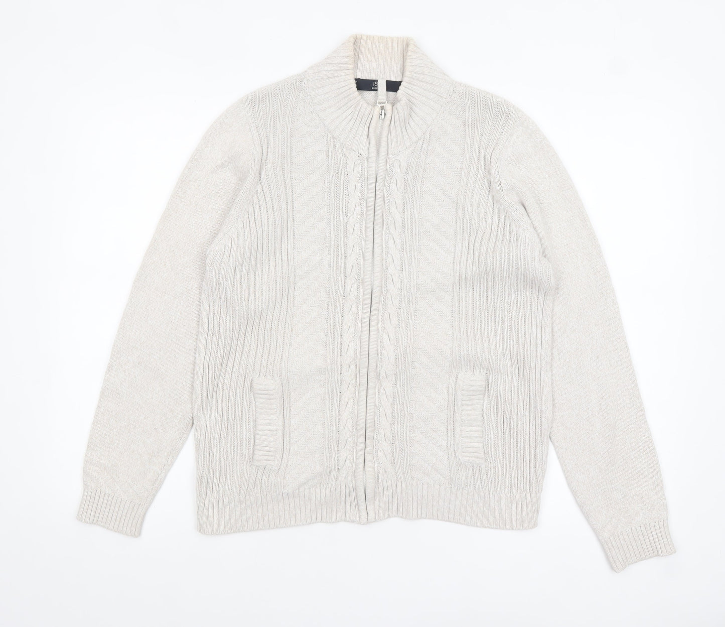 Isle Essentials Women's Beige Cotton Full Zip Cable Knit Jumper Size M 14-16