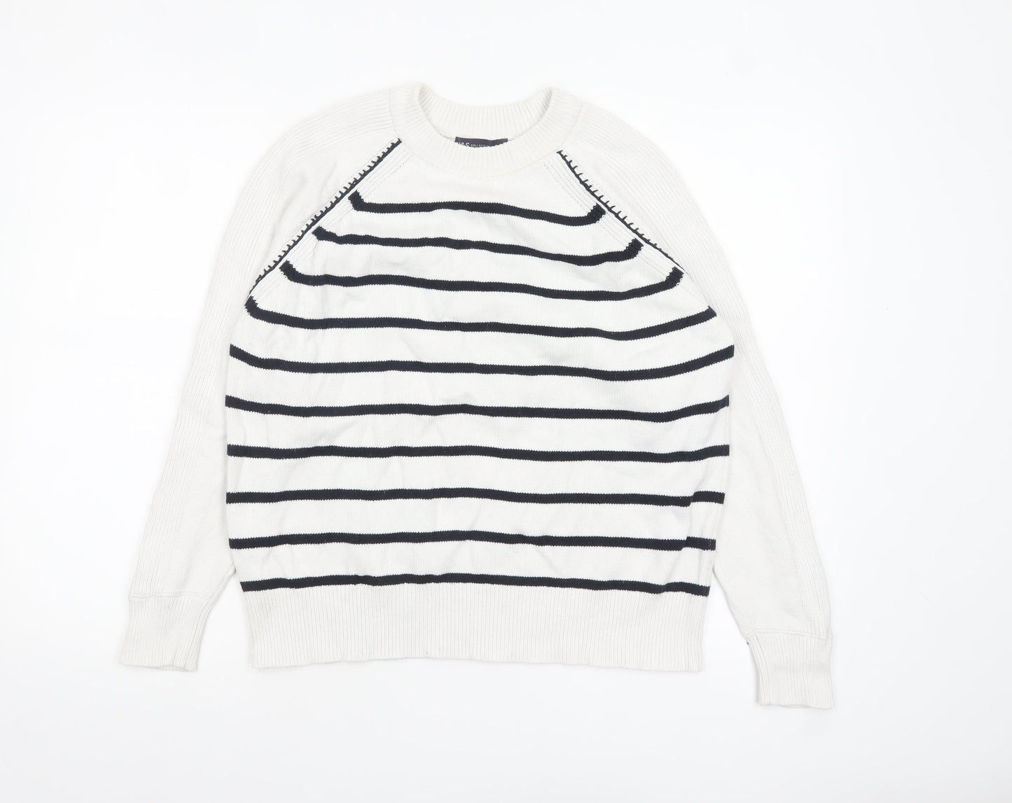 Marks and Spencer Women’s White Striped Cotton Crew Neck Jumper M