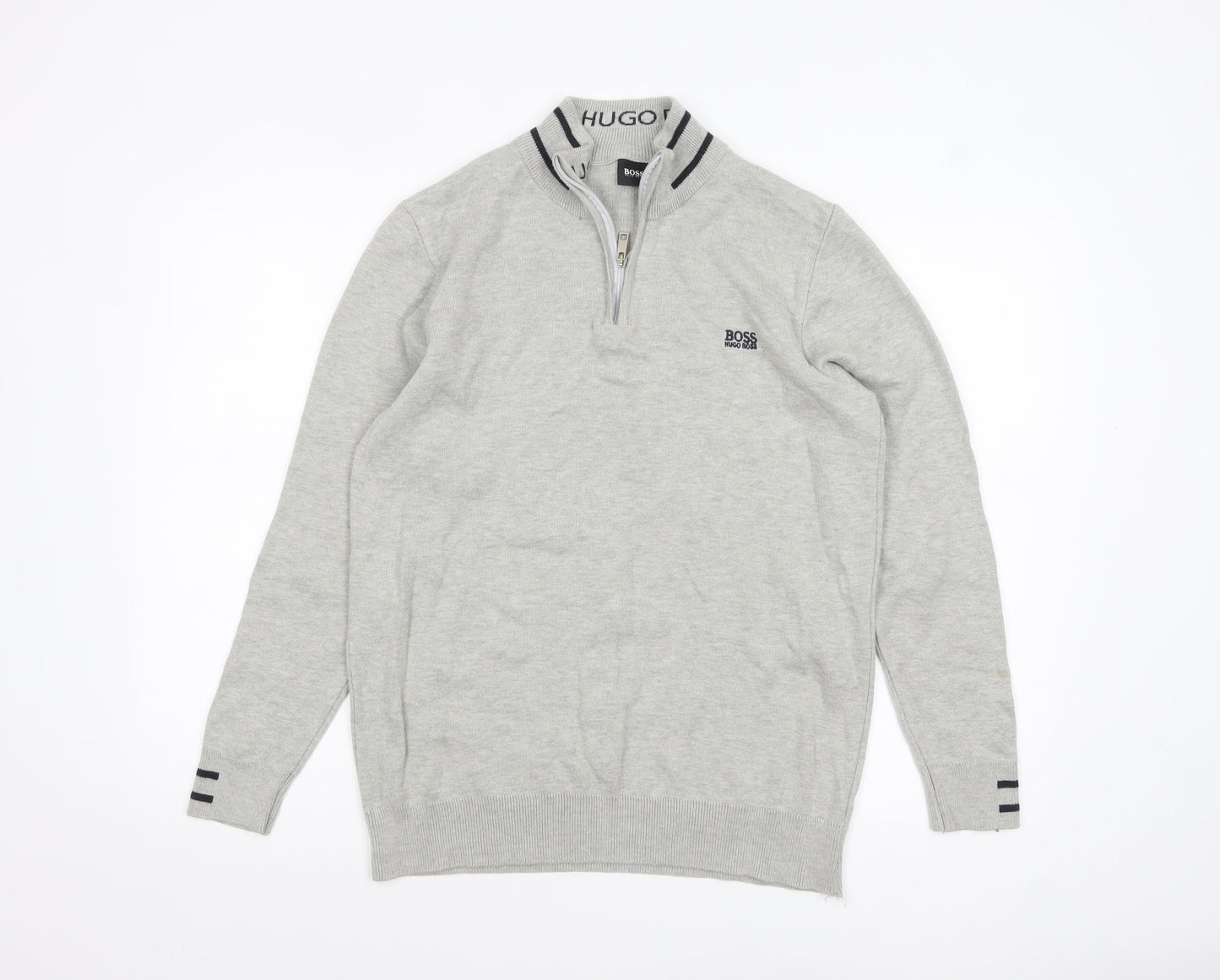 Hugo Boss Men’s Grey 1/4 Zip Cotton Jumper Size L Classic Knitwear