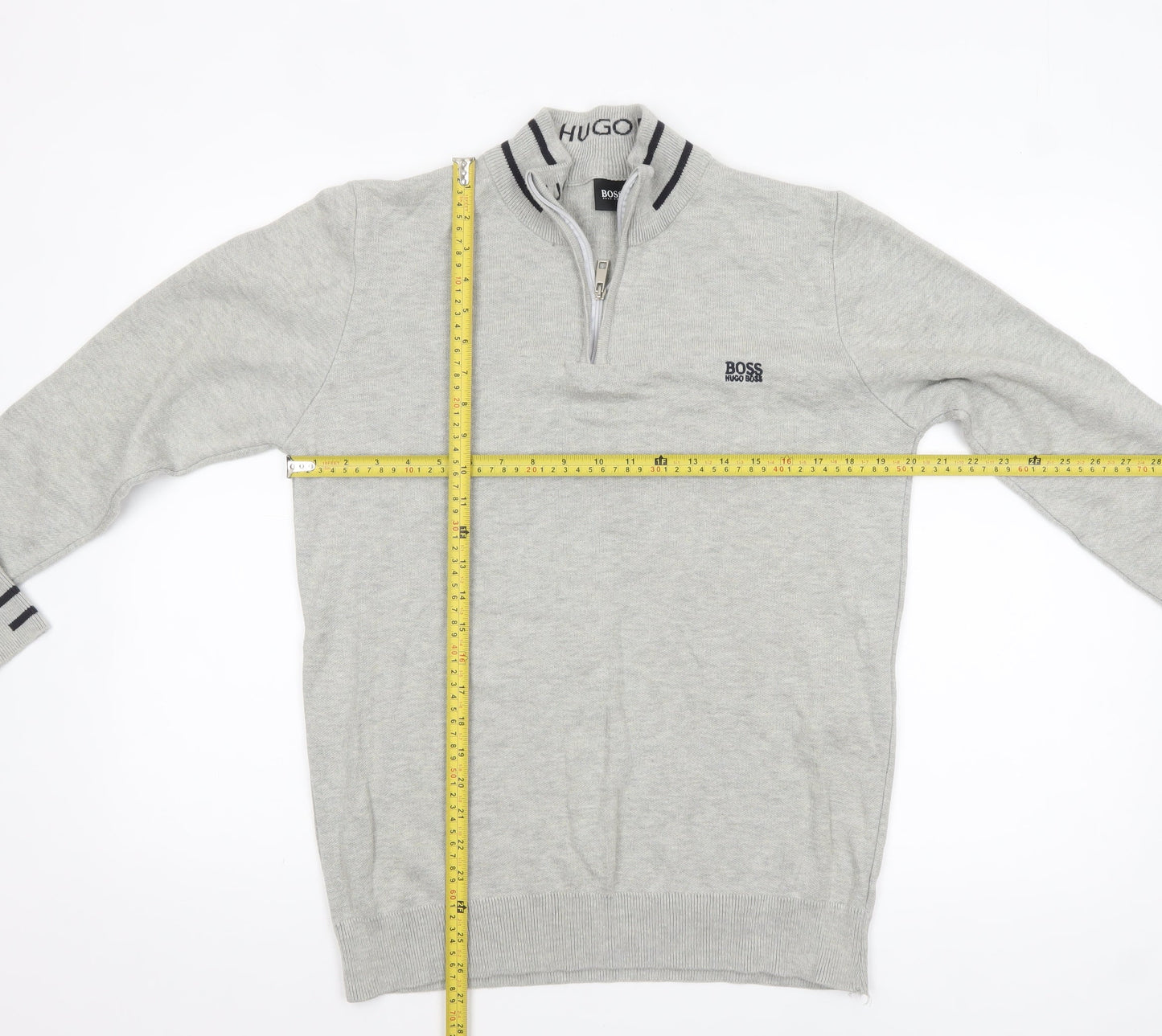 Hugo Boss Men’s Grey 1/4 Zip Cotton Jumper Size L Classic Knitwear