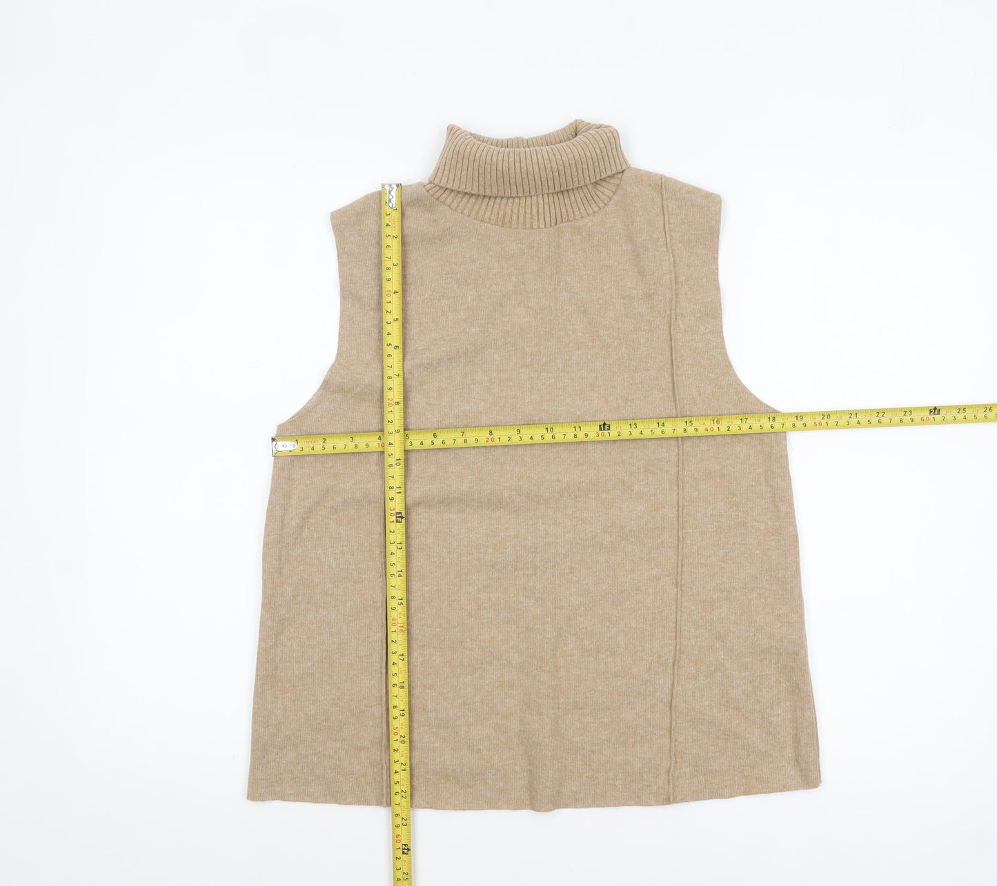 Zara Women Beige Roll Neck Sleeveless Knit Top M