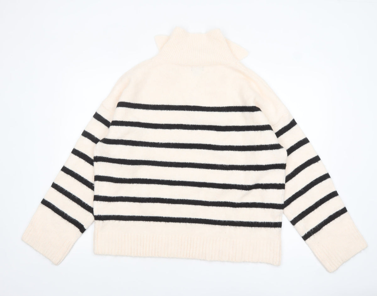 Boohoo Women Ivory Black Striped V-Neck Pullover Jumper Size M