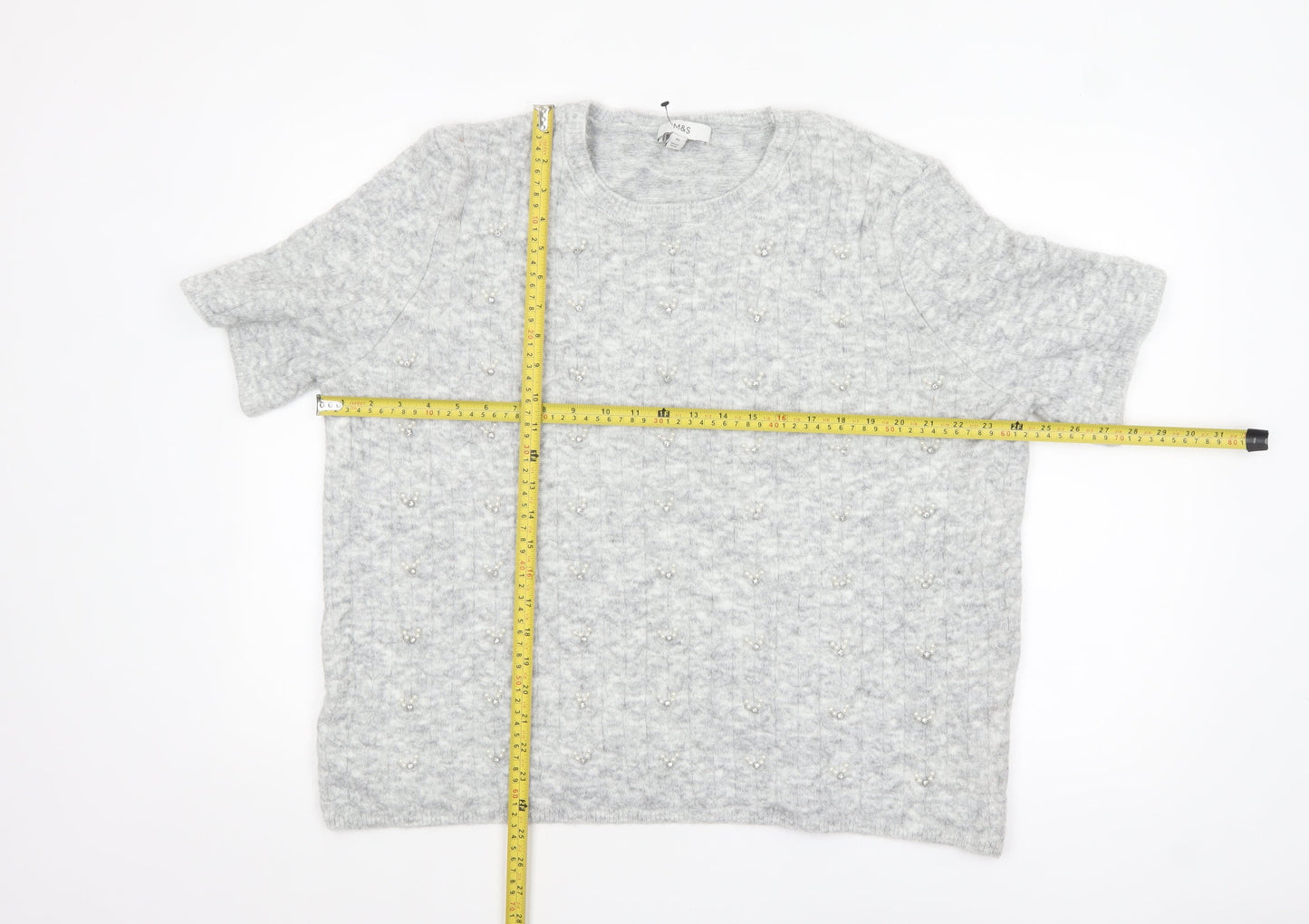 Marks and Spencer Womens Grey Beaded Short Sleeve Knit Jumper XL