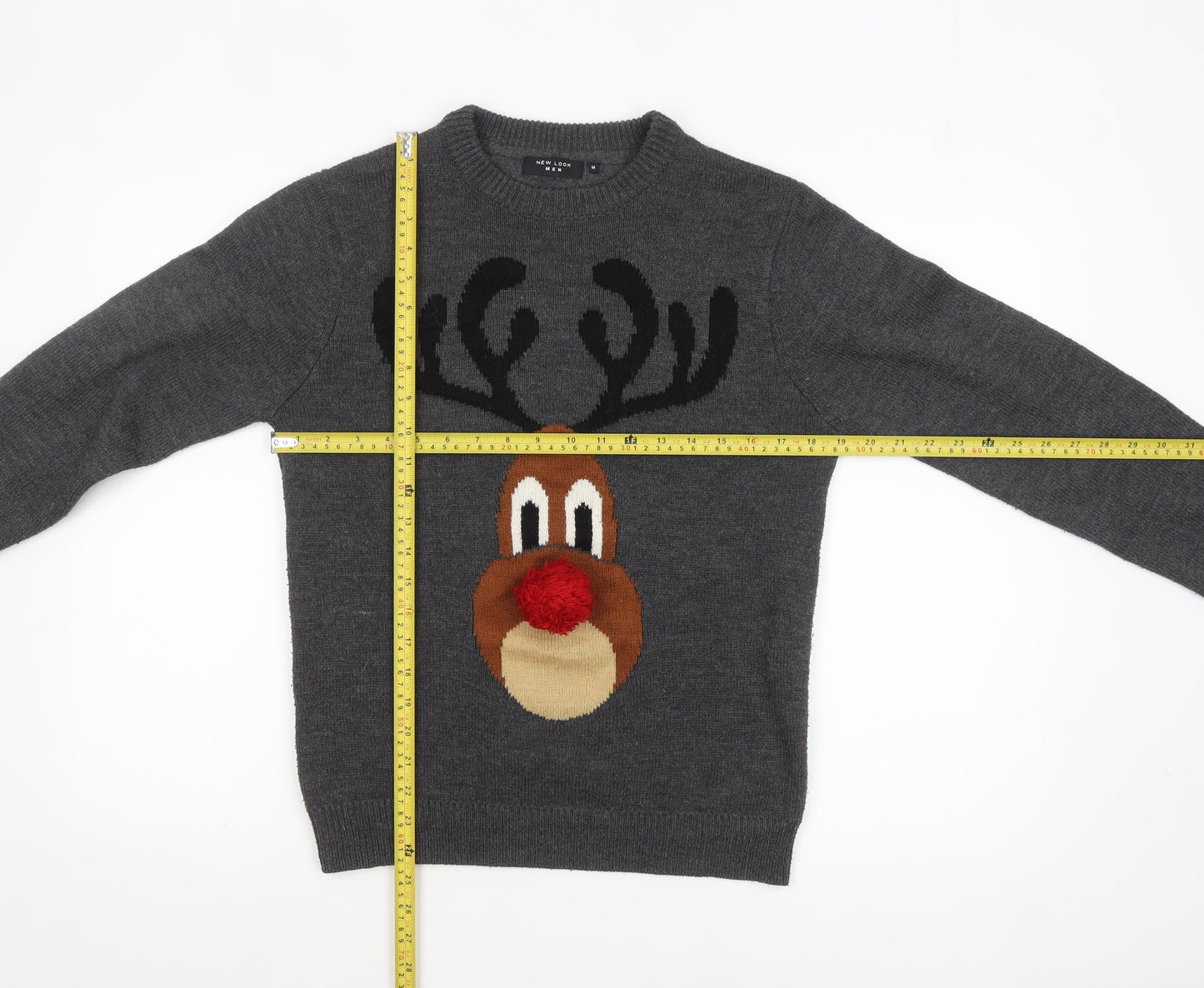 New Look Men Grey Reindeer Christmas Crew Neck Jumper Medium