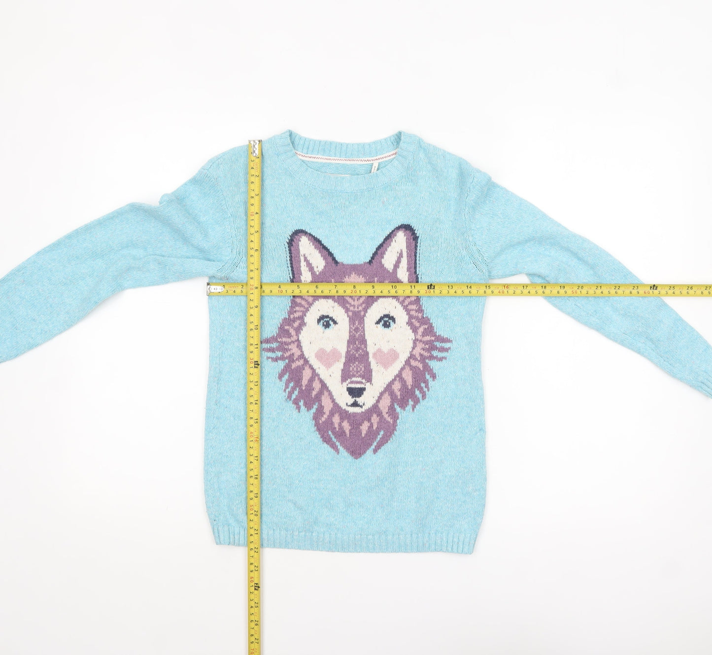FatFace Girls Blue Wolf Graphic Knit Jumper 10-11 Years Cotton Blend Pullover