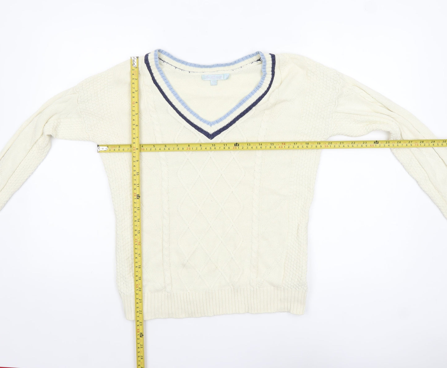 Joe Browns Womens Ivory V-Neck Cable-Knit Jumper Size 10 Cotton