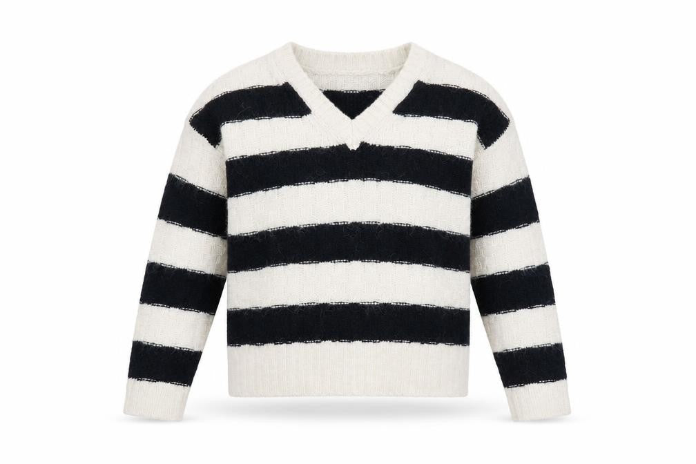 Marks and Spencer Women’s Black Ivory Striped V-Neck Knit Jumper M