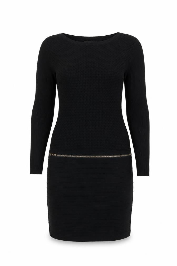 Front view of SMF Woman Black Bodycon Knit Long Sleeve Short Dress UK 14