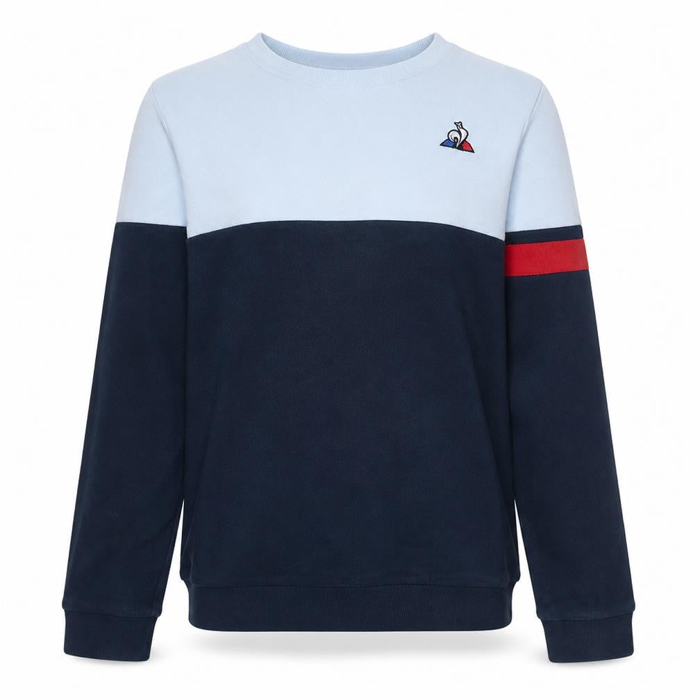 Front view of Le Coq Sportif boys’ blue sweatshirt 14 years colourblock crew neck