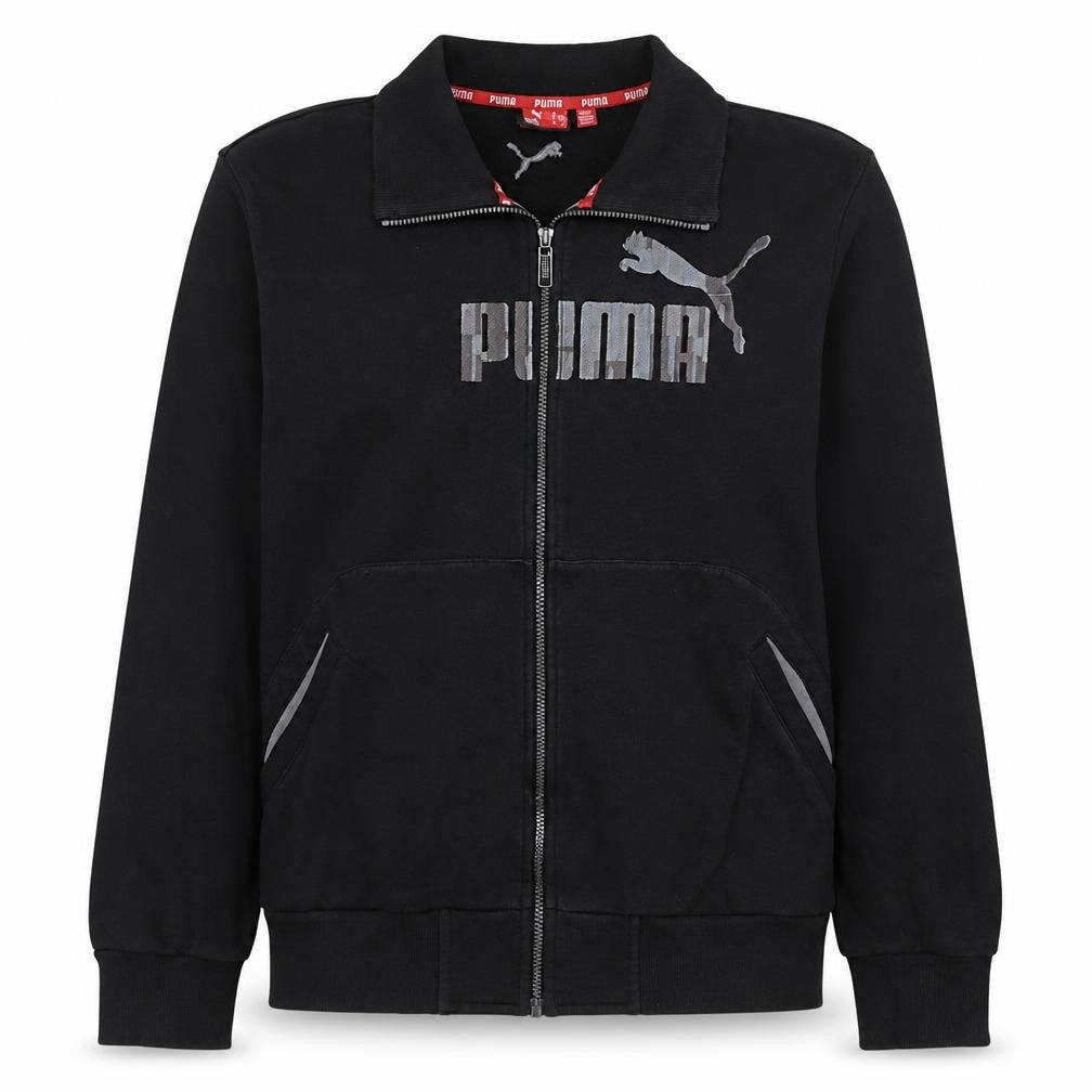 Front view of Puma Men's Black Track Jacket L Cotton Blend Full Zip Sportswear