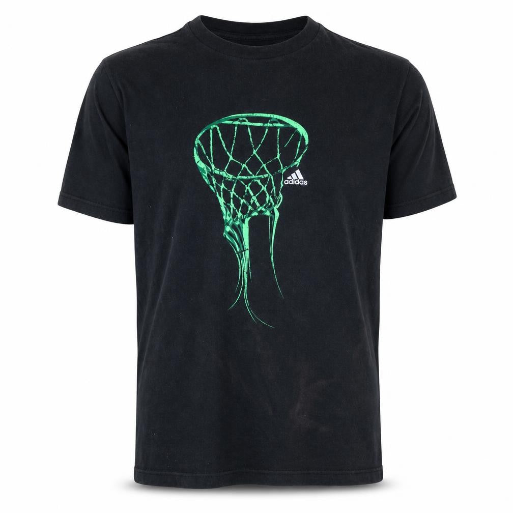 Front view of Adidas Men's Black Graphic Basketball Hoop T-Shirt, size M