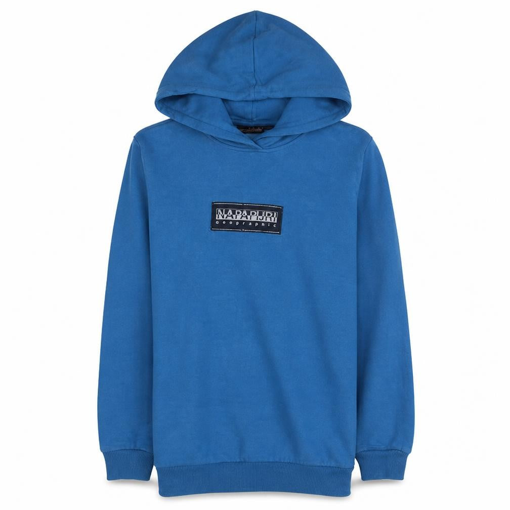 Front view of Napapijri boys’ blue pullover hoodie 12 years logo fleece sweatshirt
