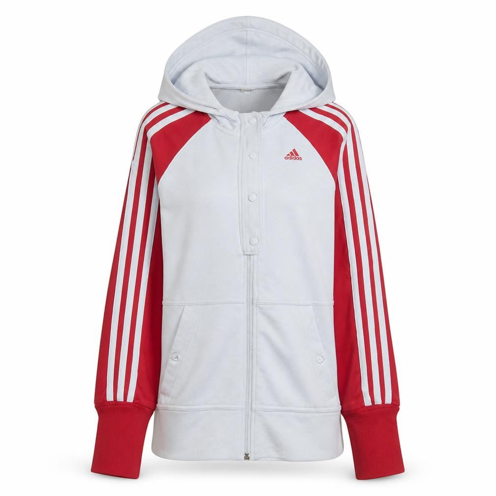 Front view of Adidas women’s white & red full zip hoodie, size UK 10, classic fit