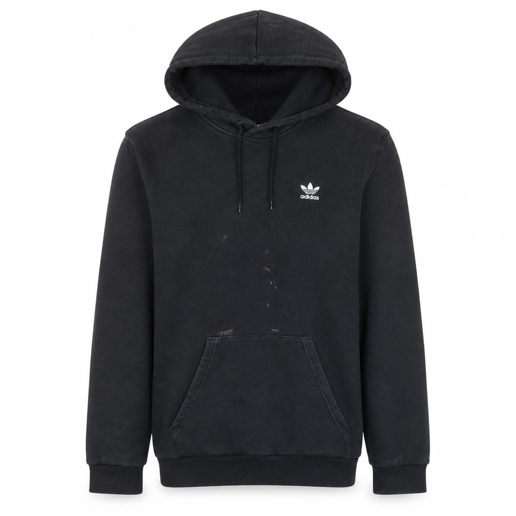 Front view of Adidas men’s black pullover hoodie, size M, logo fleece sportswear