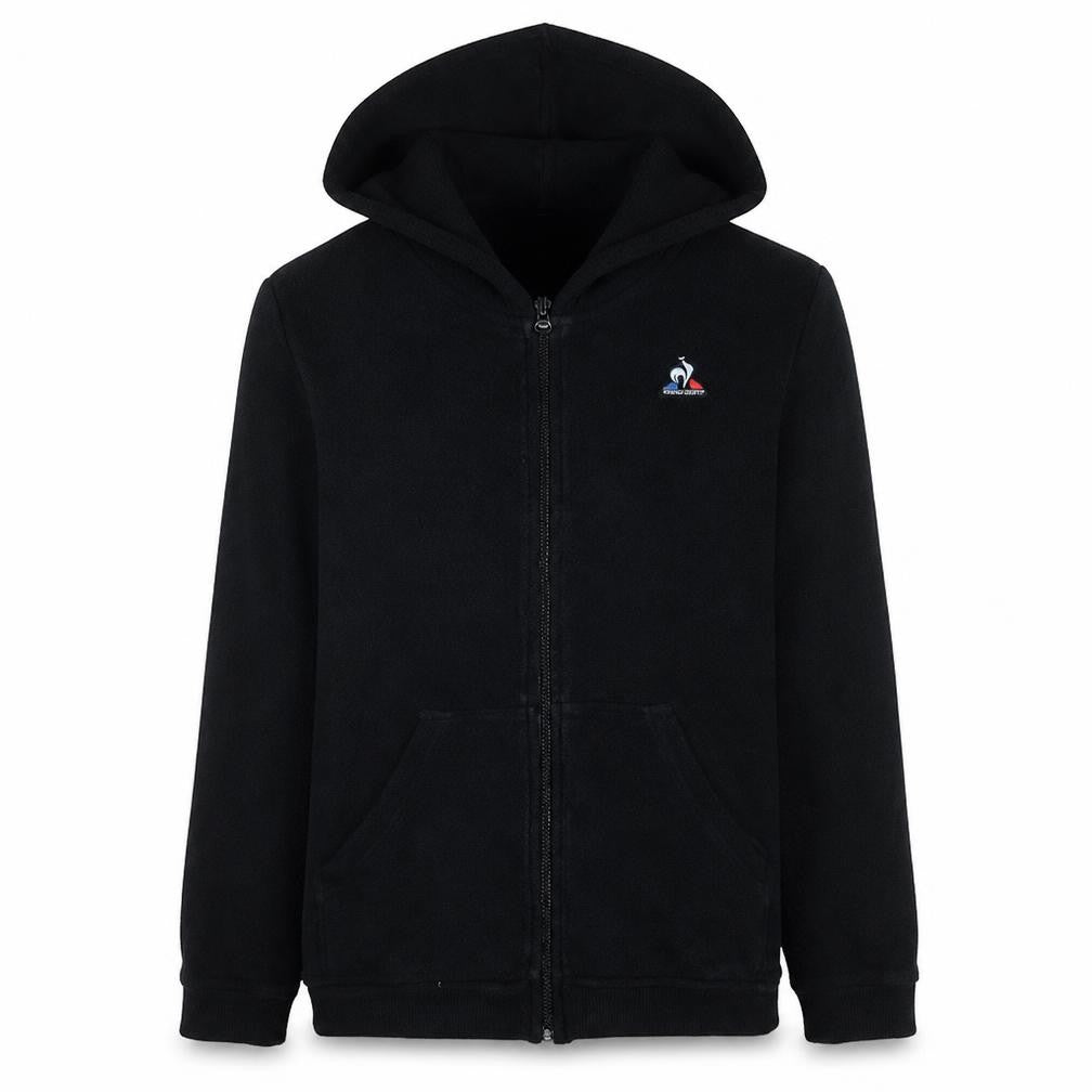 Front view of Le Coq Sportif Men's Black Full Zip Hoodie, size L, Cotton Blend