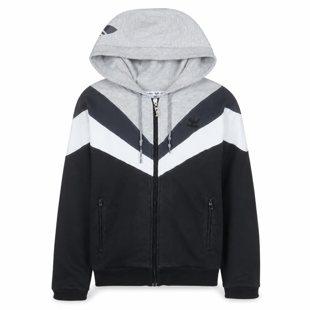Front view of Adidas women’s grey full zip hoodie, size UK 12, colourblock sweatshirt