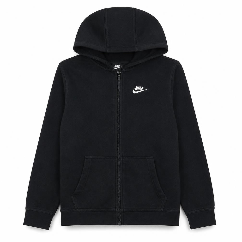 Front view of Nike boys’ black xl full zip fleece hoodie with logo