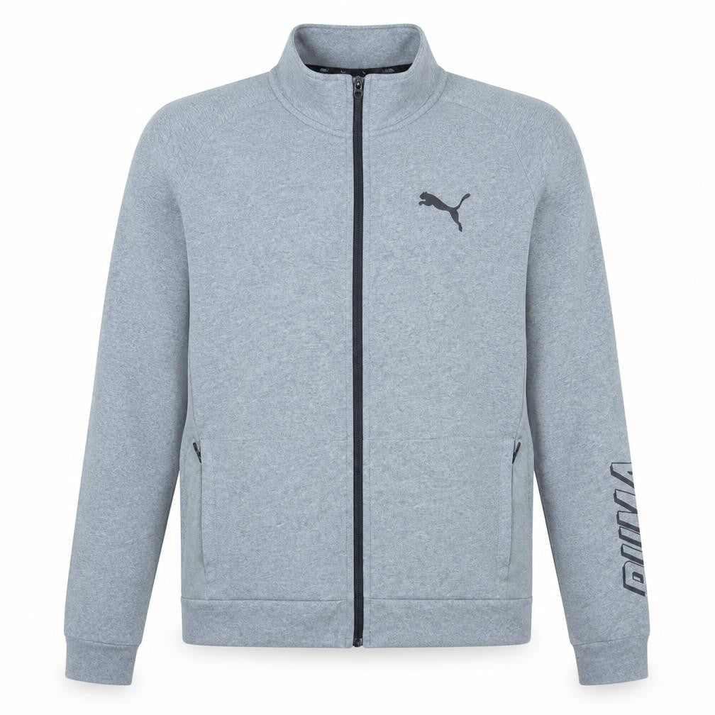 Front view of Puma Men's Grey Full Zip Track Jacket, size M, Regular Fit