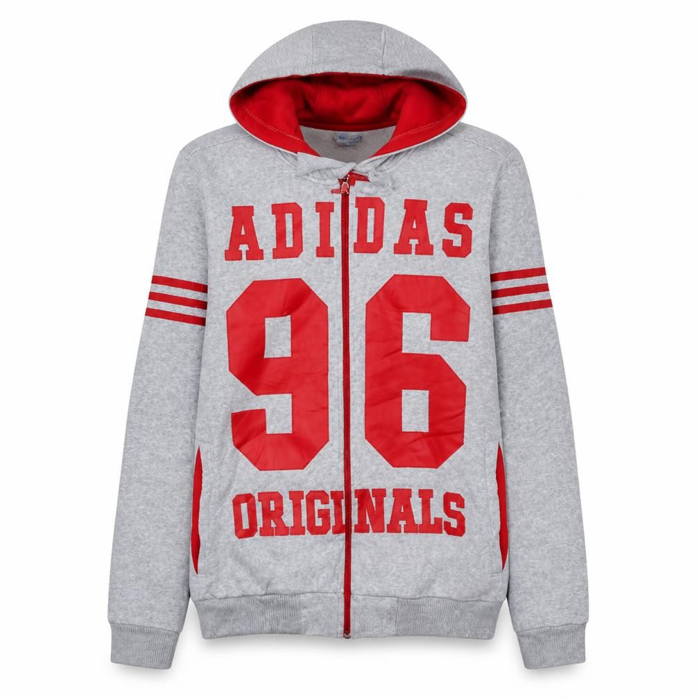 Front view of Adidas Originals Men's Grey Red Full Zip Hoodie, size S