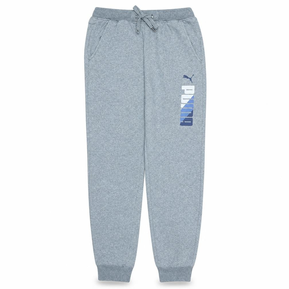 Front view of Puma men’s grey jogger sweatpants, size S, regular fit activewear