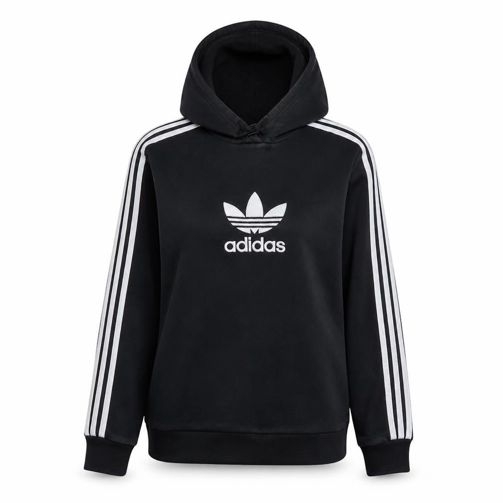 Front view of Adidas Women’s Black Hooded Pullover Sweatshirt, size UK 10, UK