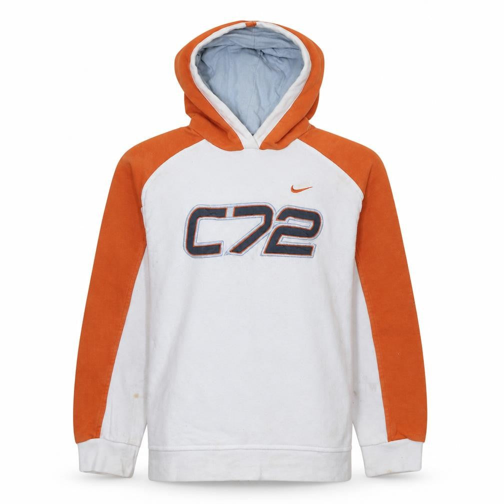 Front view of Nike boys’ white & orange pullover hoodie, size 10-12, years c72 logo