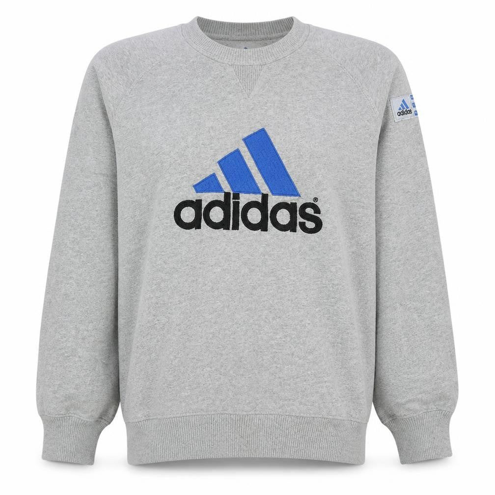 Front view of Adidas women’s grey logo crew neck sweatshirt, size M