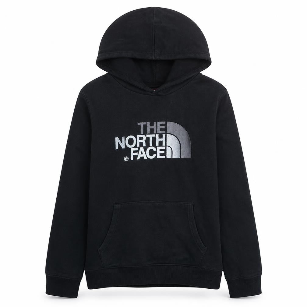 Front view of The North Face boys’ black xl pullover hoodie 100% cotton fleece sweatshirt