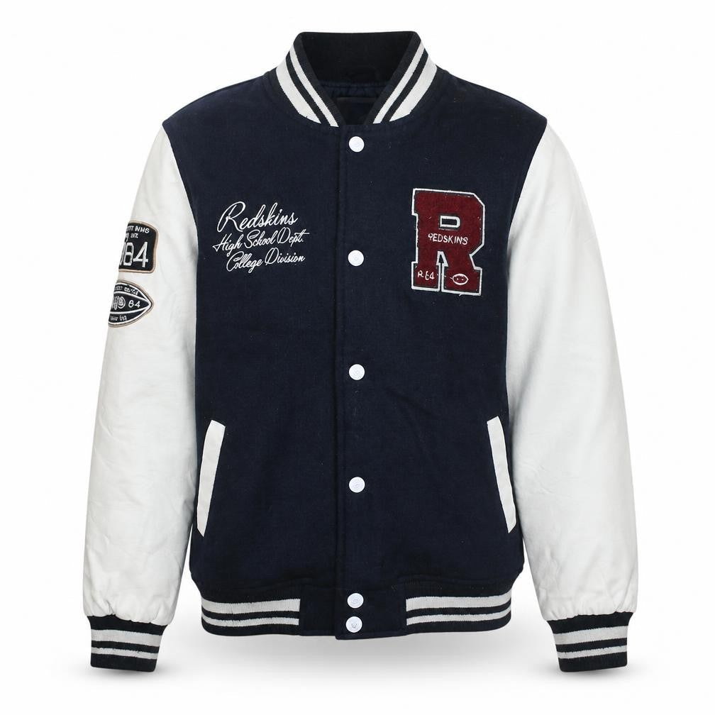 Front view of Redskins boys’ blue varsity jacket 12 years polyester lined college style