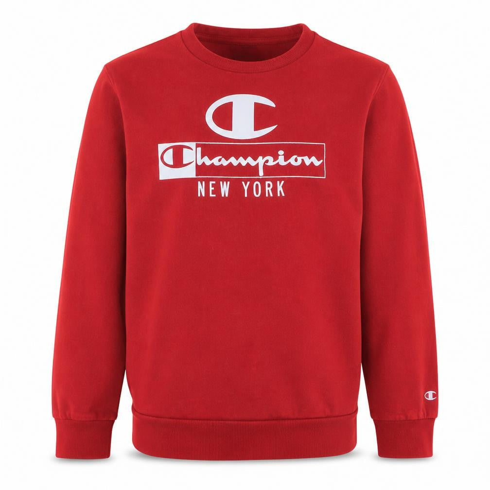 Front view of Champion boys’ red pullover sweatshirt 13-14 years graphic logo crew neck