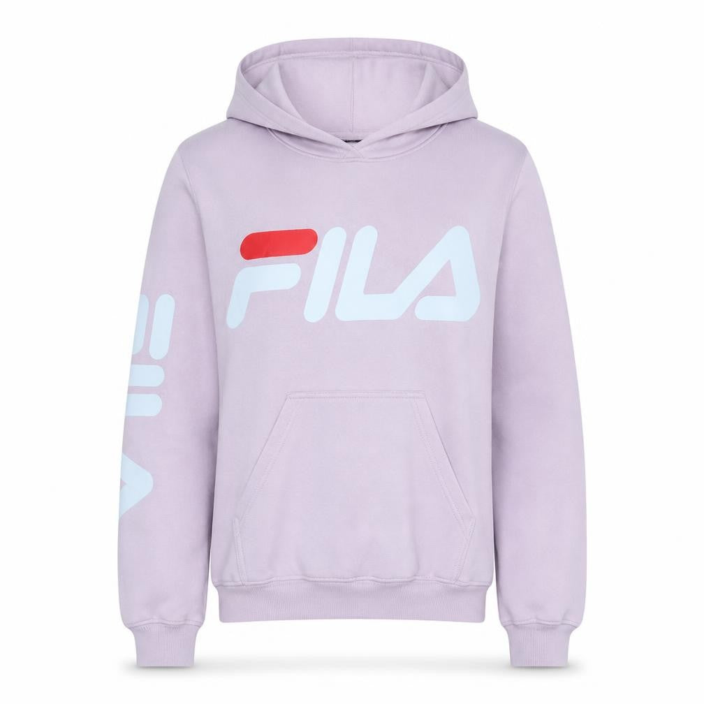 Front view of Fila women’s pink pullover hoodie sweatshirt, size S, logo print