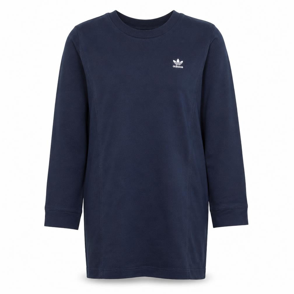 Front view of Adidas women’s navy blue long sleeve pullover sweatshirt, size UK 14