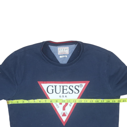Guess Men's Blue Slim Fit Crew Neck Logo Sweatshirt M
