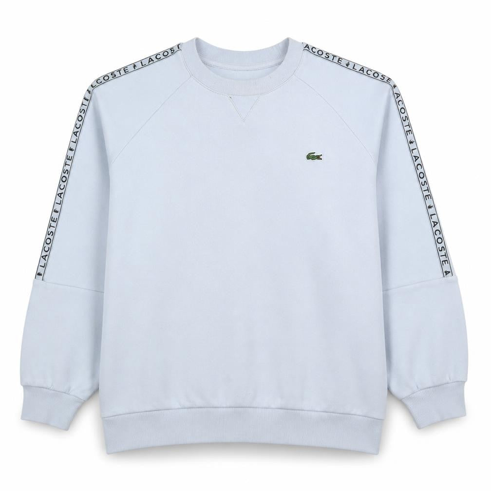 Front view of Lacoste women’s white relaxed fit logo sweatshirt, size L