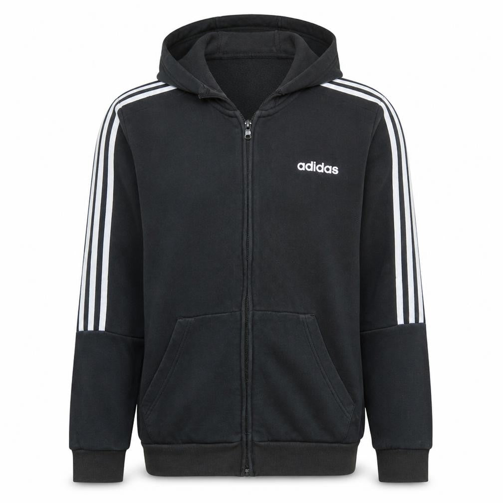 Front view of Adidas Men's Black Full Zip Hoodie, size M, Sports Style