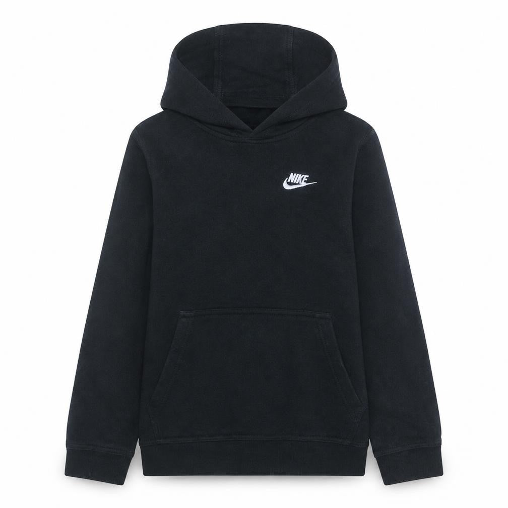 Front view of Nike boys’ black pullover hoodie, size L, (147-158cm) cotton blend