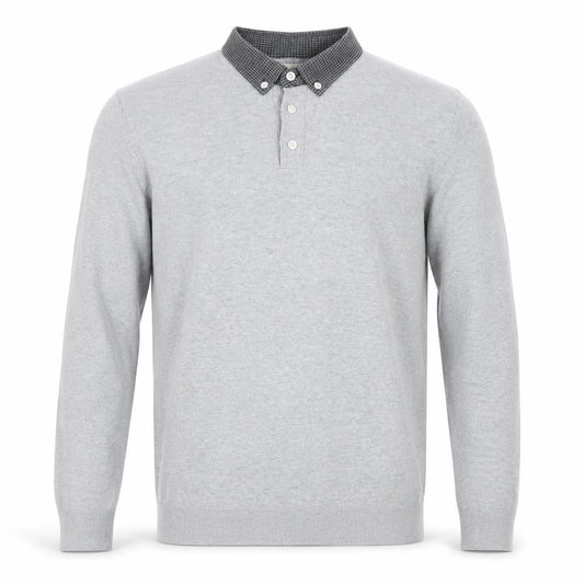 Next Men’s Grey Long Sleeve Button Collar Cotton Polo Shirt L