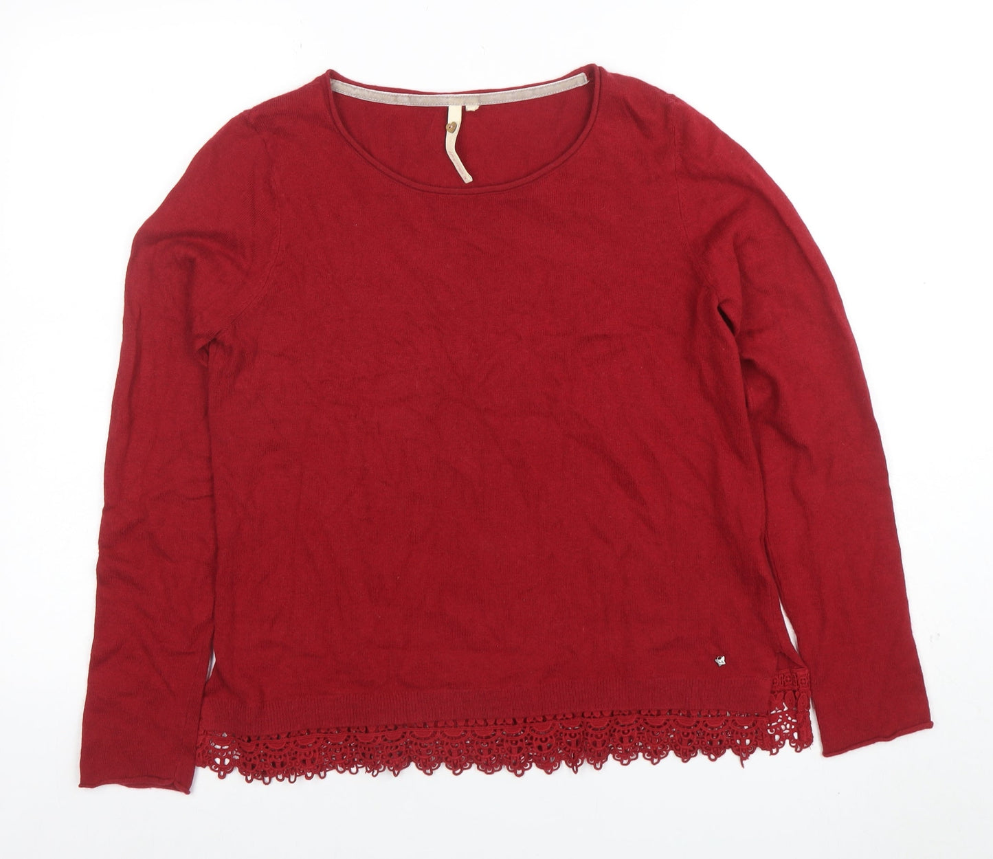 White Stuff Women's Red Crochet Hem Cotton Blend Jumper Size 12