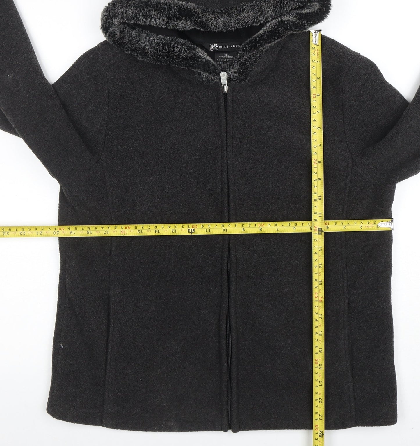 BC Clothing Women's Black L Hooded Fleece Jacket with Faux Fur Trim