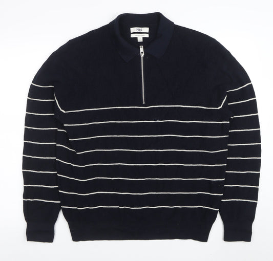 Marks and Spencer Mens Blue Striped Cotton Modal Zip Neck Polo XL