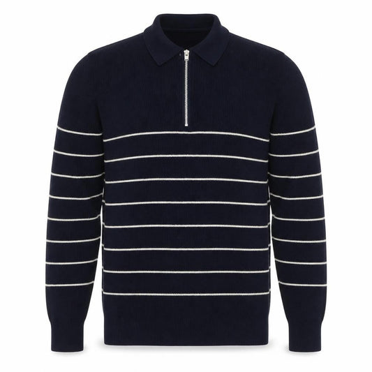 Marks and Spencer Mens Blue Striped Cotton Modal Zip Neck Polo XL
