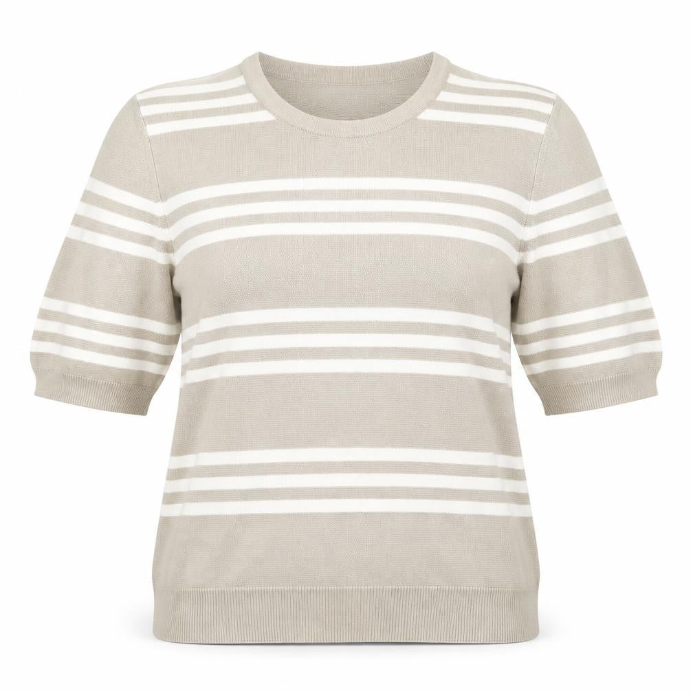 Front view of Cotswold Collections Women’s Beige Striped Cotton Short Sleeve Knit Top M