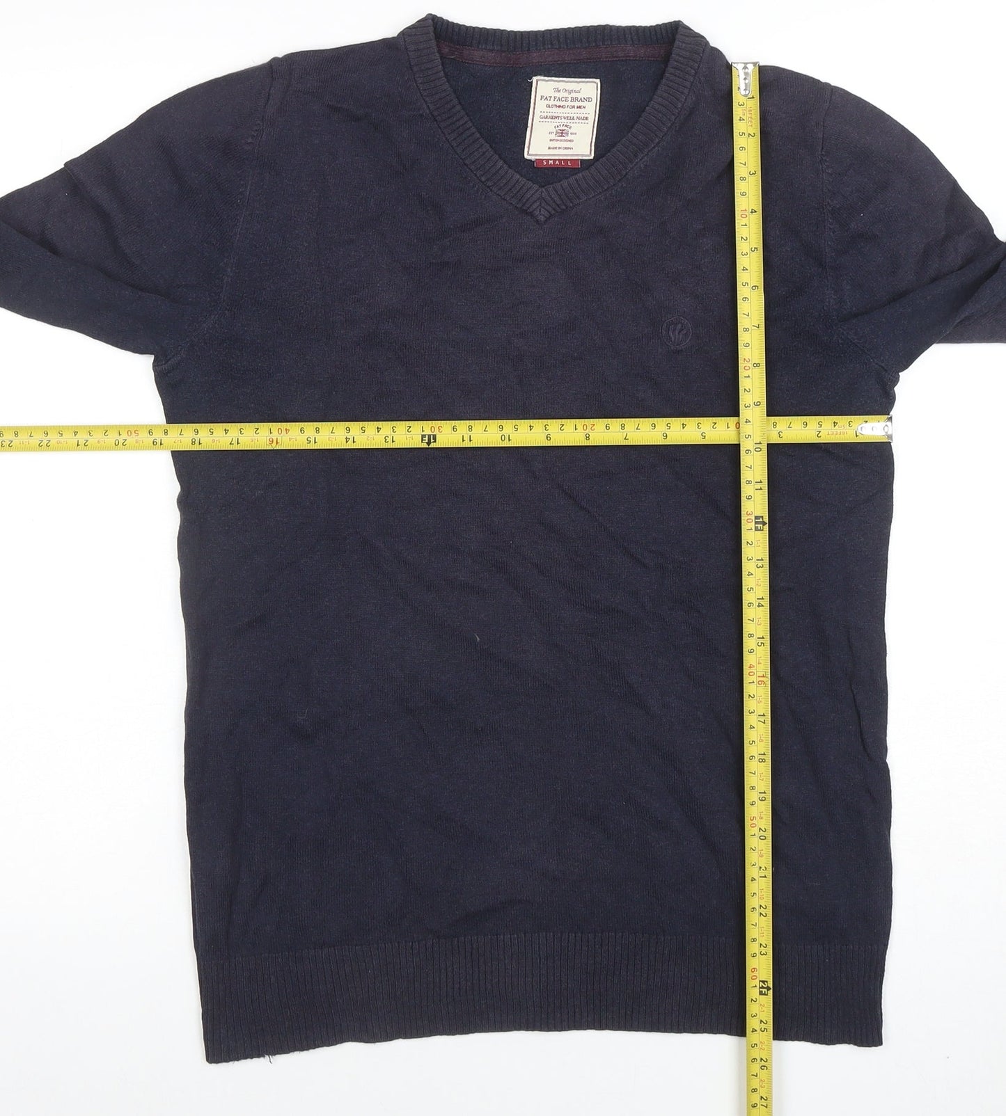 Fat Face Men’s Blue Cotton V-Neck Jumper Size S Long Sleeve Classic