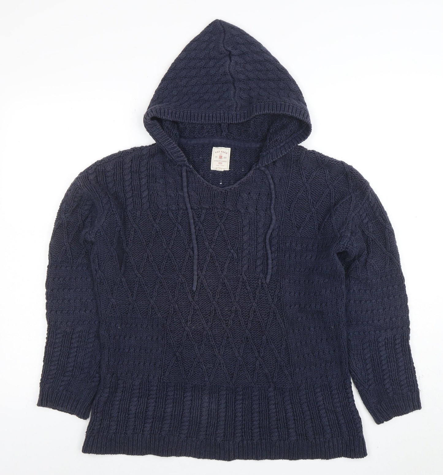 Fat Face Womens Blue Hooded Chunky Knit V-Neck Jumper Size 10